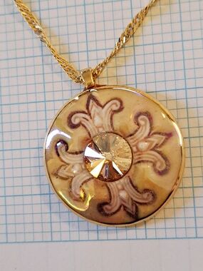 Handpainted Porcelain Gold-Tone Pendant Necklace with Crystal Accent